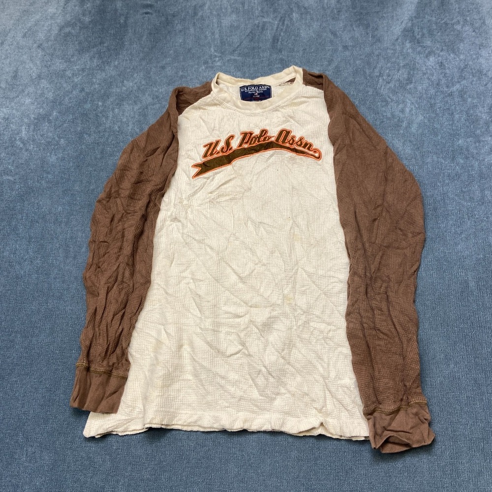 U.S. Polo Assn. Shirt Men XL White Brown Waffle Knit Raglan Long Sleeve Pullover